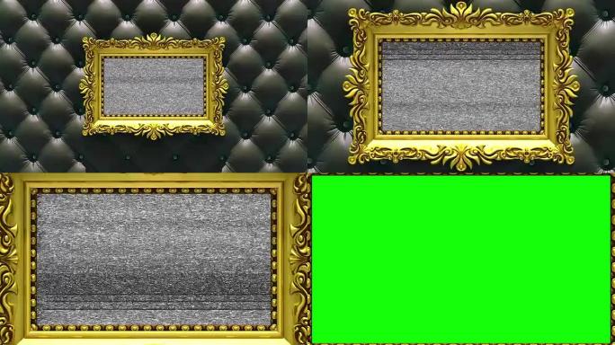 相机放大到豪华黑色内饰背景上的金色相框。电视噪音和绿色色度键在屏幕上播放。3D动画。