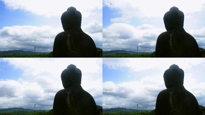 云朵移动时间流逝，佛像在前景
