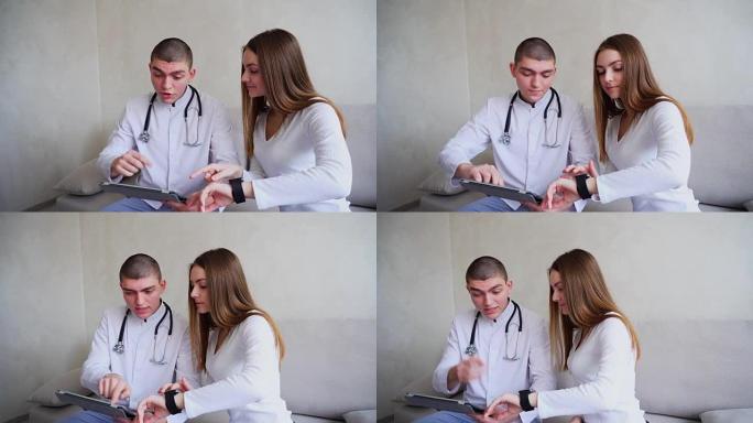 医学肾病专家和女性患者研究智能手表的医疗功能，在医院办公室使用新技术