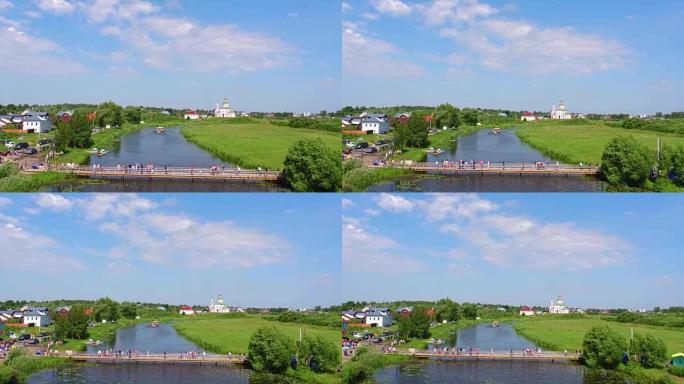 俄罗斯苏兹达尔鸟瞰图。卡缅卡河和埃利亚斯教堂