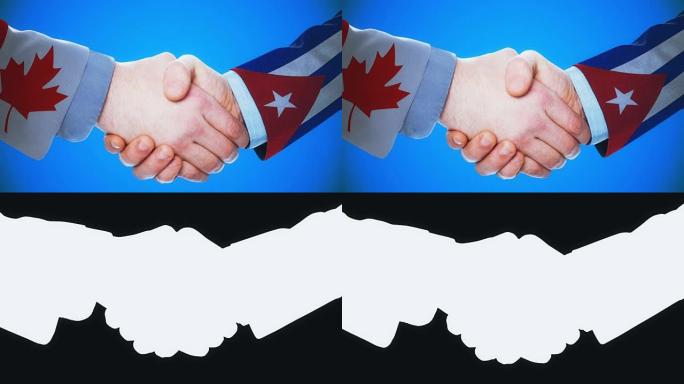 加拿大-古巴/握手概念动画国家和政治/与matte频道