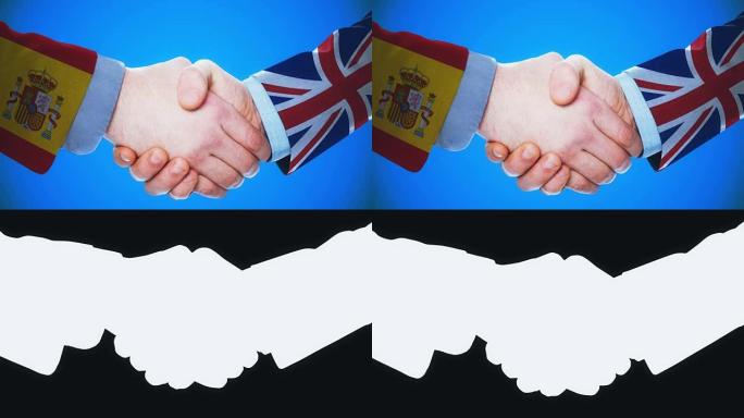 西班牙-英国/握手概念动画关于国家和政治/与matte频道