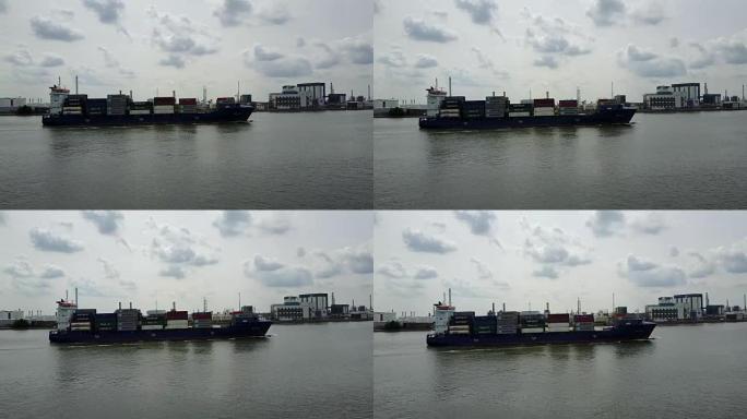 荷兰鹿特丹港货船运输集装箱的无人机拍摄