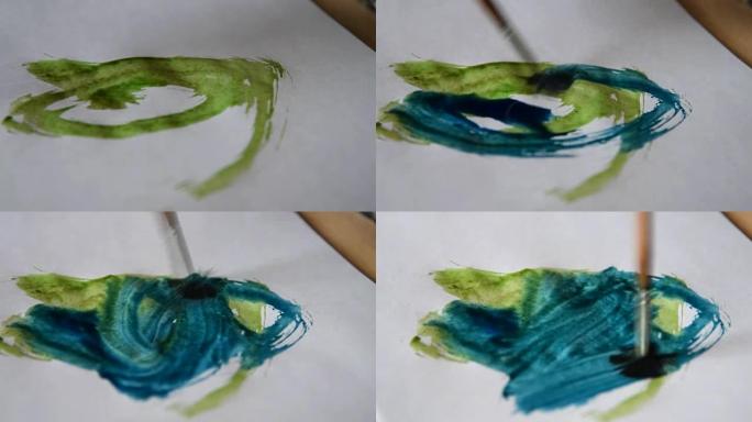 蓝色和绿色水彩画的儿童绘画