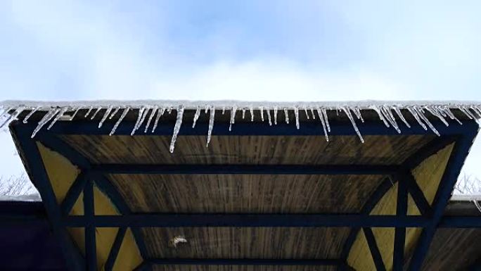 解冻的冰柱。冬天拍摄。
