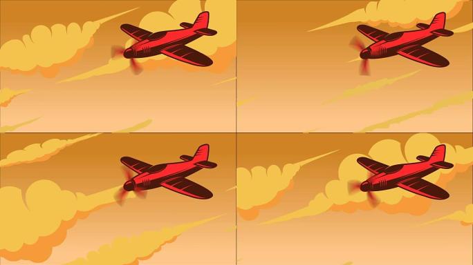 飞机天空的复古风格动画。卡通风格的航空运输