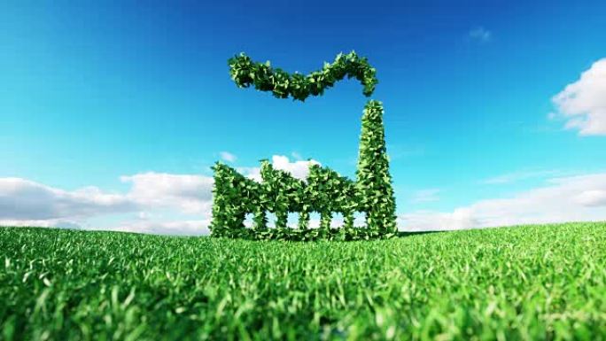 环保行业剪辑。在清新的春天草地上3d渲染绿色工厂图标，背景为蓝天。