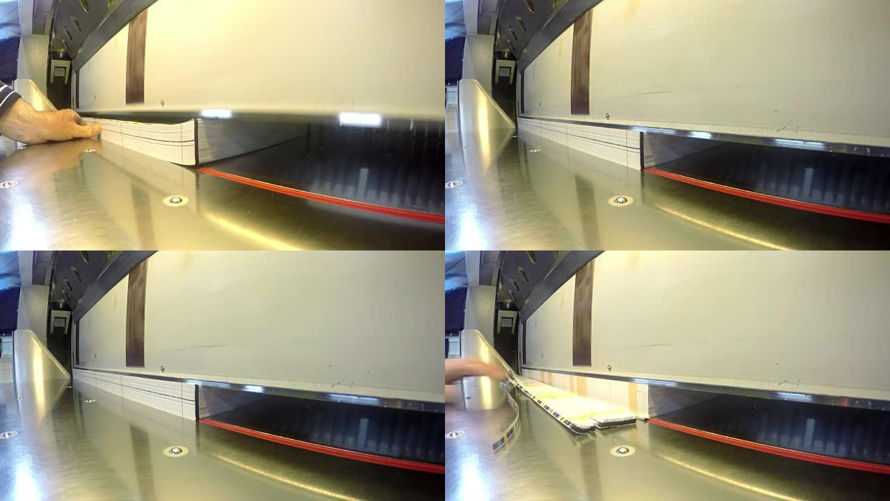 商业胶印行业中使用的带有触摸屏的现代纸断头台 (工业切刀)。UHD股票视频