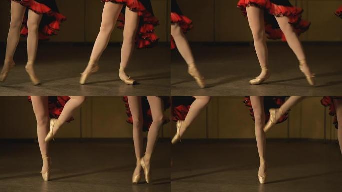 在练习点操时，芭蕾舞演员的脚特写