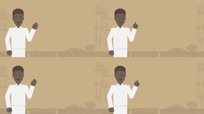 厨师男子非裔美国人展示厨房浅棕色背景，无缝循环动画4K，带复制空间