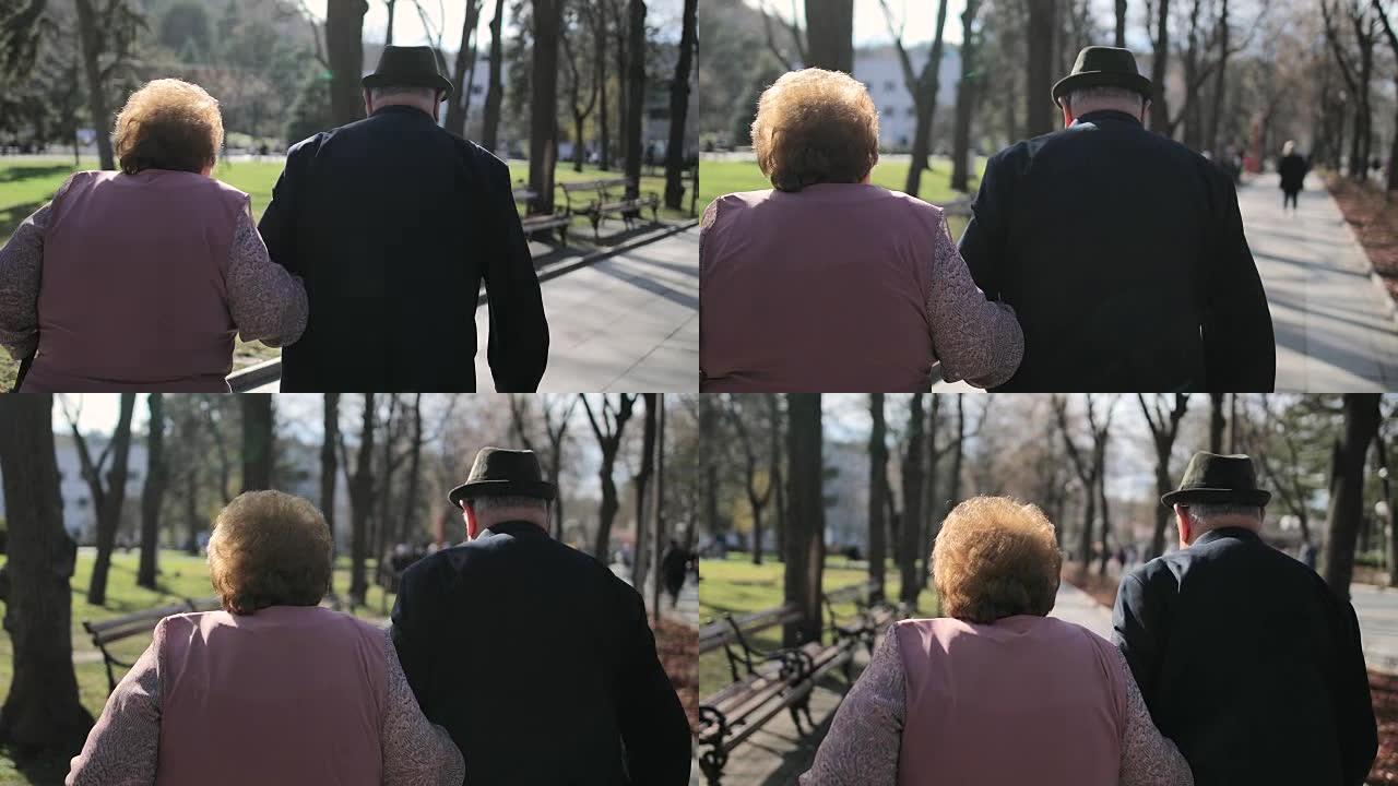 结婚60年。老年夫妇在温泉公园散步