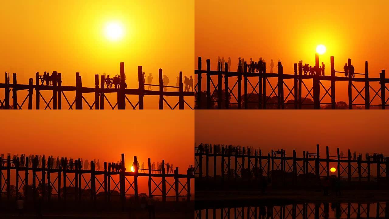 曼德勒湖上日落时的U-Bein柚木桥