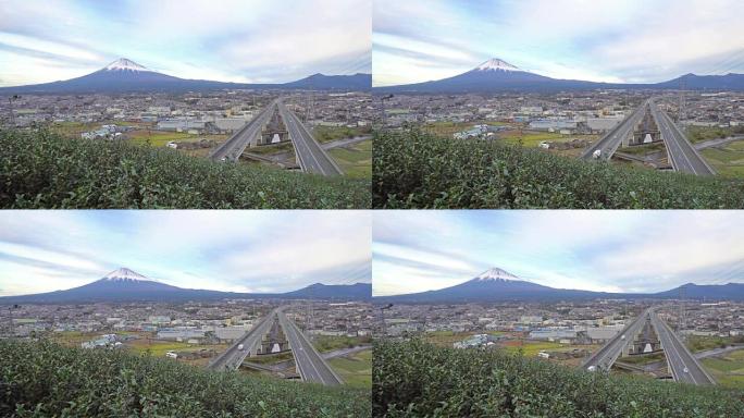 富士山有高速公路和茶叶作物-白天到晚上-时间流逝