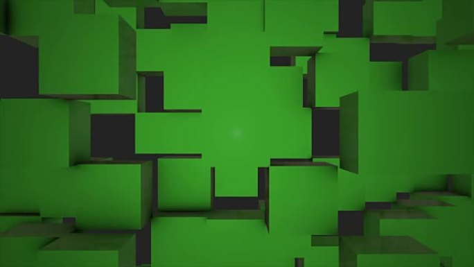抽象立方体背景随机运动，3d可循环动画。抽象彩盒背景。无缝循环抽象立方体背景。绿色立方体
