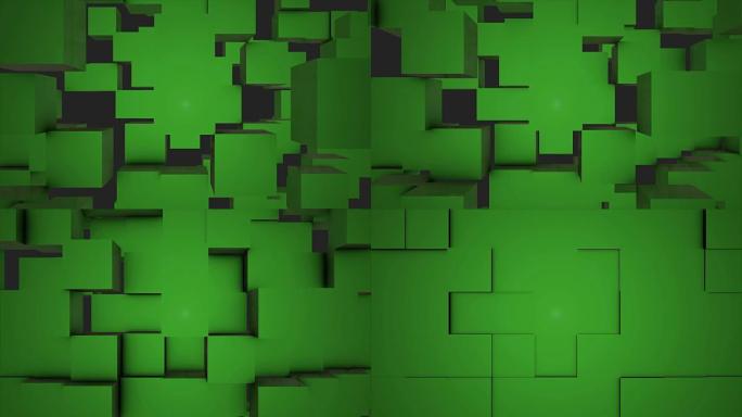 抽象立方体背景随机运动，3d可循环动画。抽象彩盒背景。无缝循环抽象立方体背景。绿色立方体