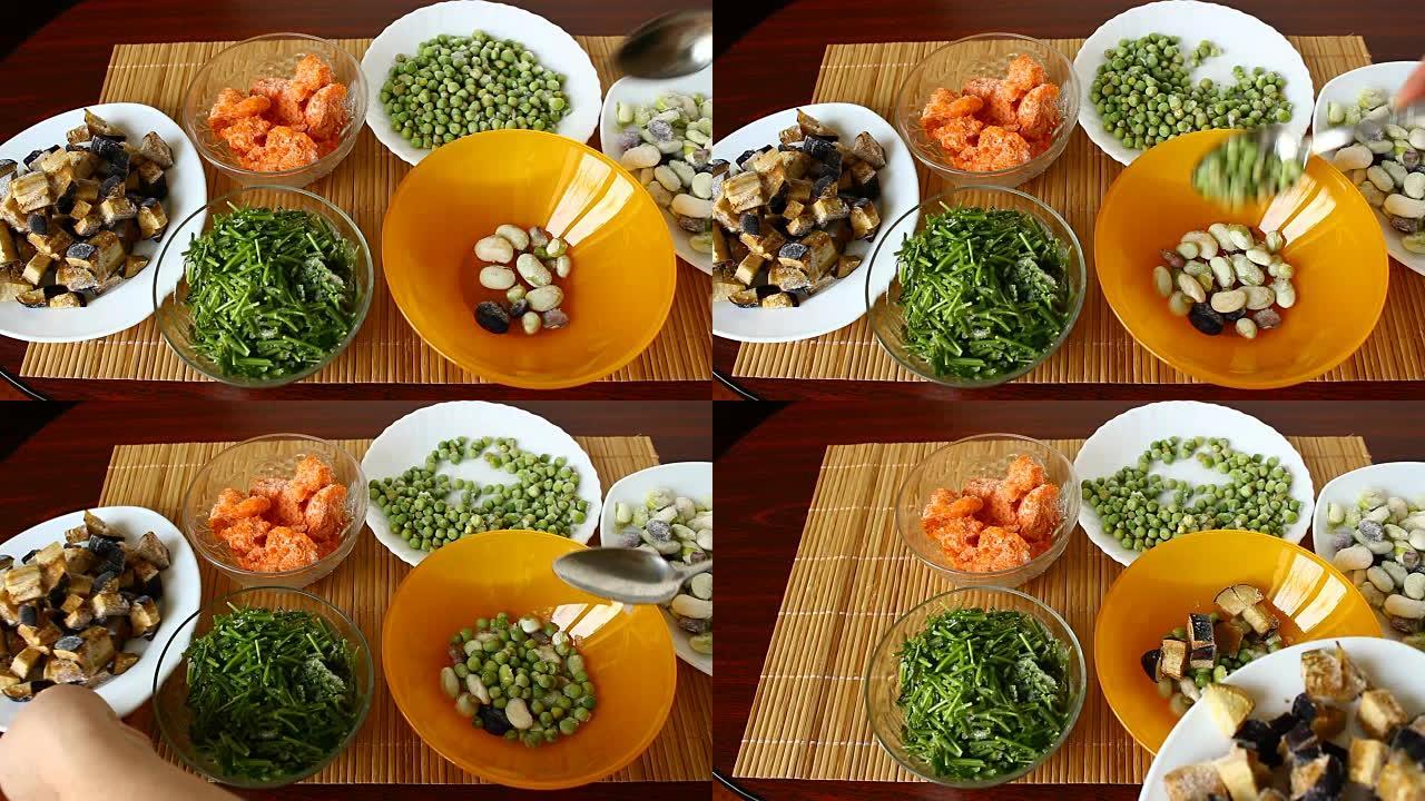 冷冻蔬菜-茄子，蔬菜骨髓，胡萝卜，豌豆，扁豆，欧芹。