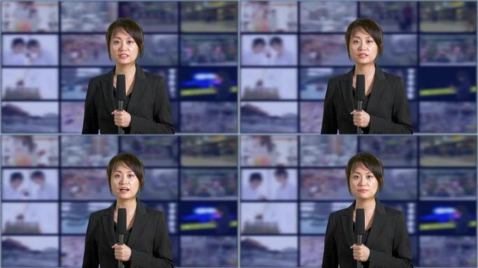 新闻女主播在演播室里，背景是一排排的屏幕
