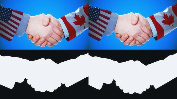 美国-加拿大/握手概念动画国家和政治/与matte频道