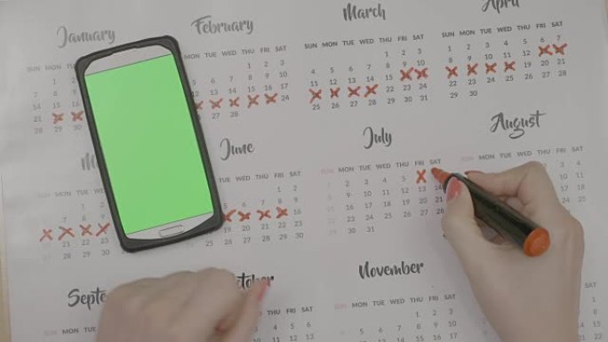 俯视图，年轻的企业家女孩的手检查绿色屏幕的智能手机和标记日历天与红色记号