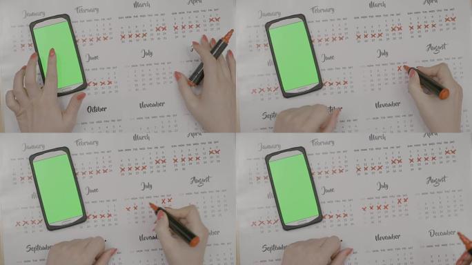 俯视图，年轻的企业家女孩的手检查绿色屏幕的智能手机和标记日历天与红色记号