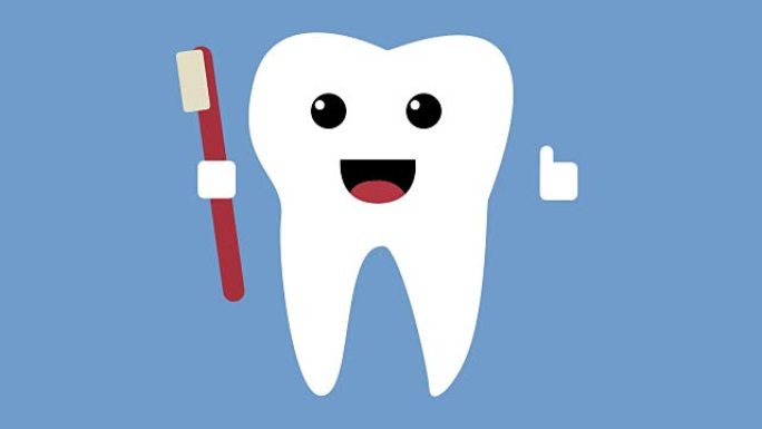 卡通舞蹈快乐牙齿图标，健康牙齿概念循环蓝色背景