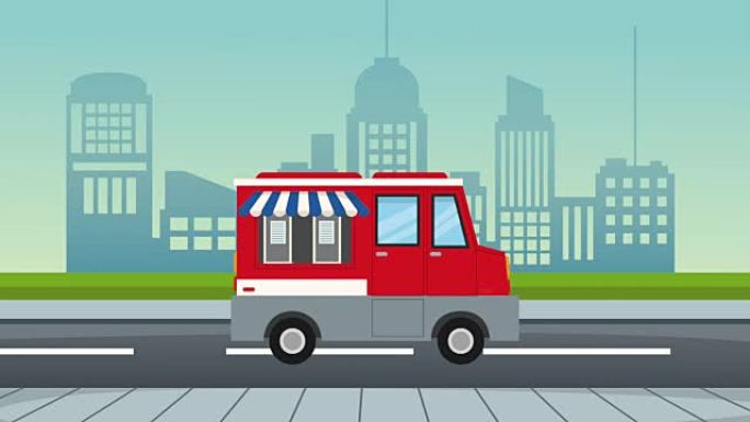 城市高清动画的墨西哥卷饼食品卡车