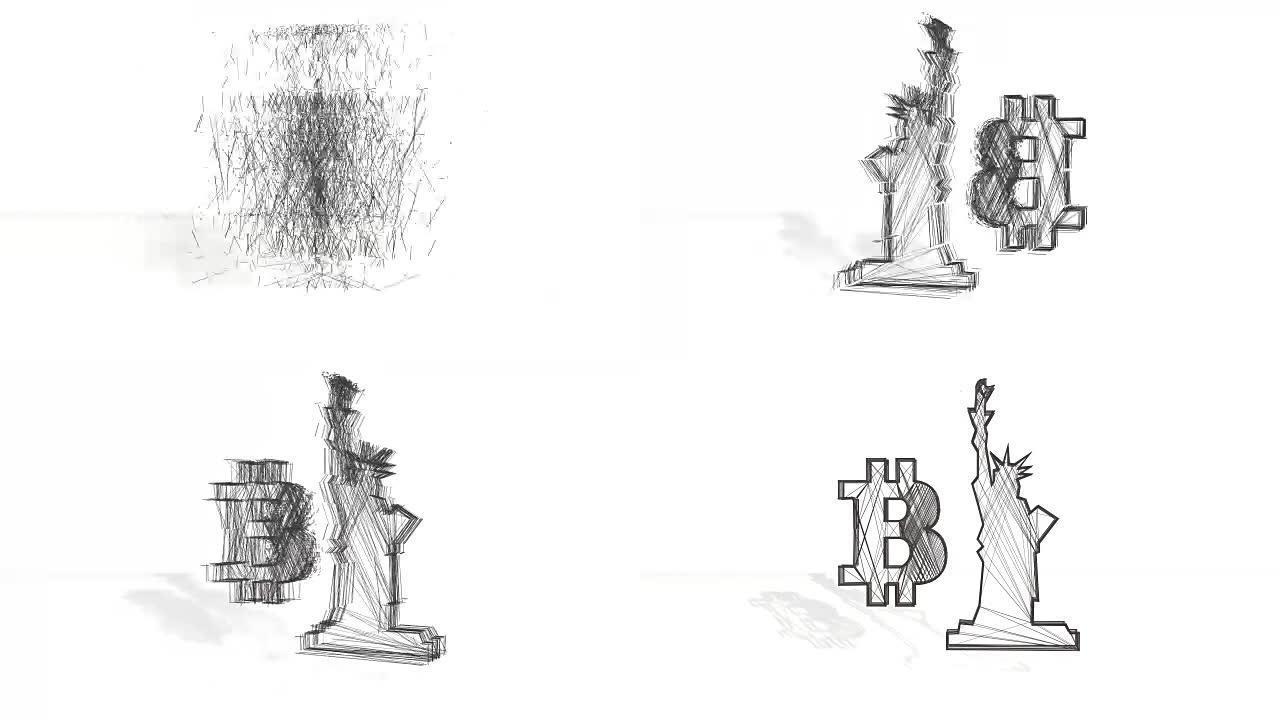 3d黑色线框旋转并组装成3d比特币符号和自由女神像。白色背景上的4k 3d清洁动画