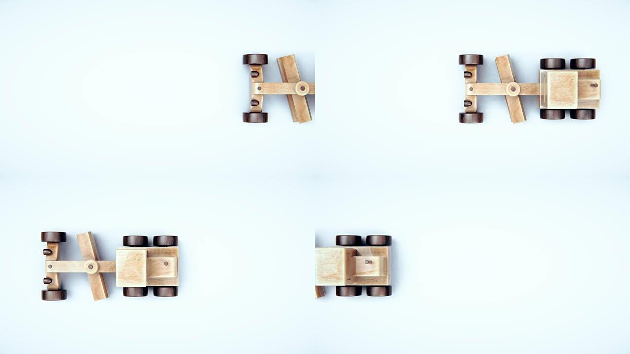木制平地机玩具3d动画孤立在白色背景上。