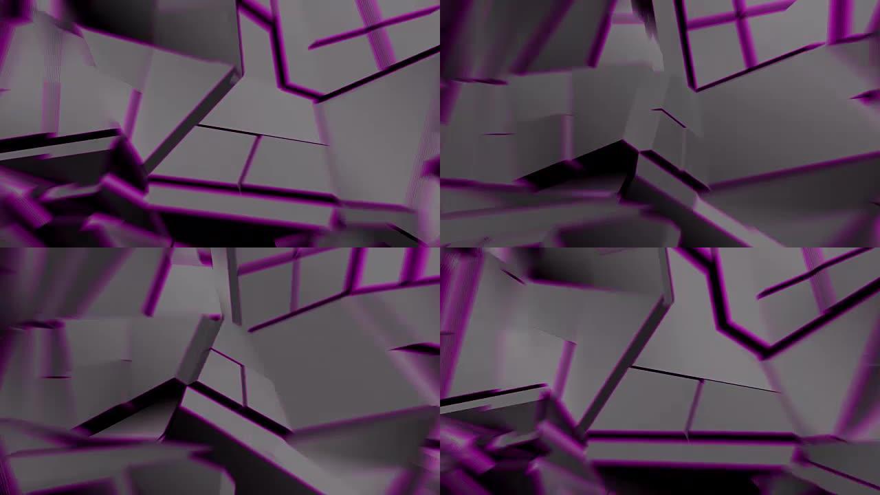 深灰色抽象多边形破碎形状与淡紫色边缘波动无缝环。3D动画。