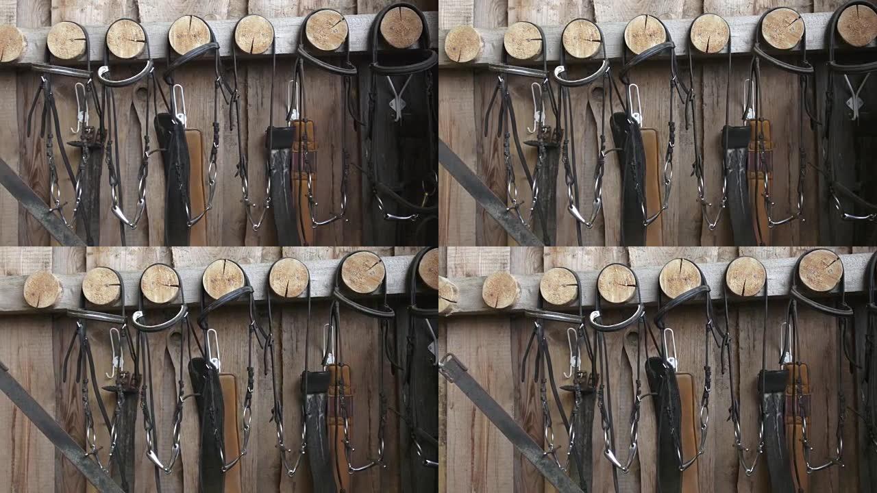 马的安全带。钻头和缰绳挂在木墙上。
