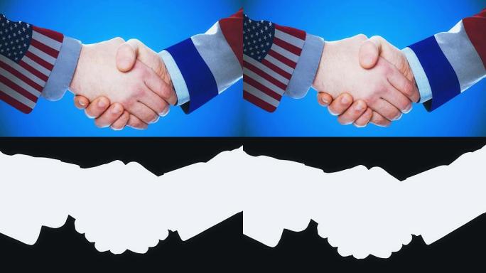 美国-法国/握手概念动画国家和政治/与matte频道