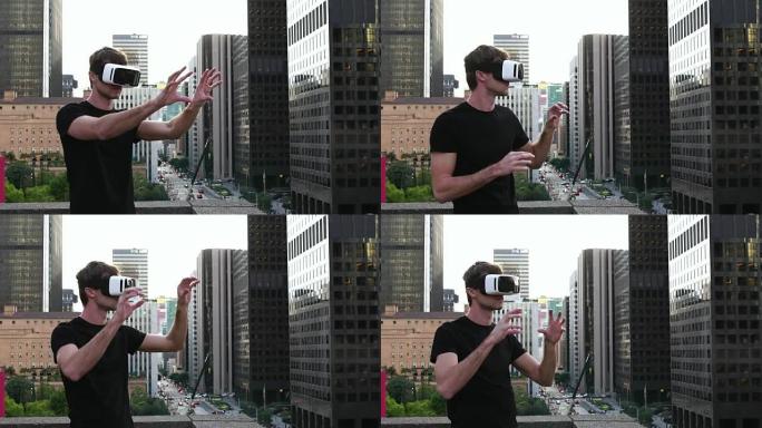 男子使用虚拟现实耳机Vr谷歌构建。4k慢动作。