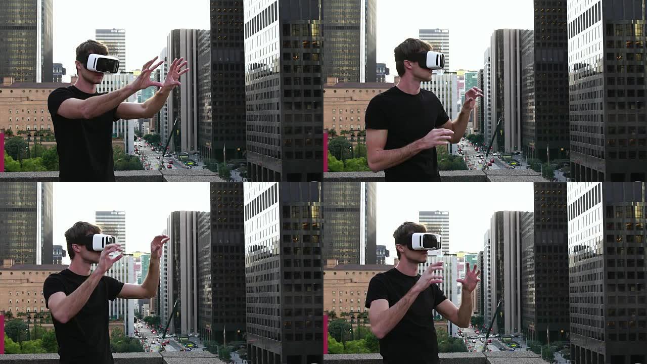 男子使用虚拟现实耳机Vr谷歌构建。4k慢动作。