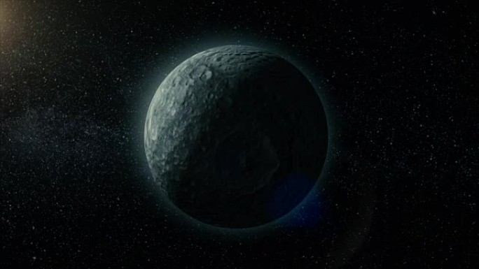 向宇宙中的土星卫星Mimas卫星旅行的动画。远离Mimas的直线多莉