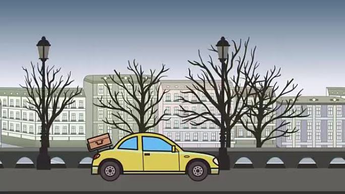动画轿跑车，后引擎盖上有行李，骑行穿过秋季城市。在城市公园背景上移动掀背车。平面动画。