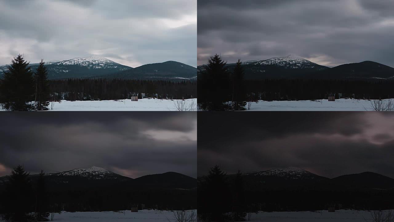 延时剪辑。喀尔巴阡山脉五彩缤纷的冬日日落。视频。初冬山区雪日落云滑雪。天然复合材料的优异循环