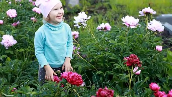 小女孩闻到牡丹花的香气。婴儿带着牡丹在花园里散步