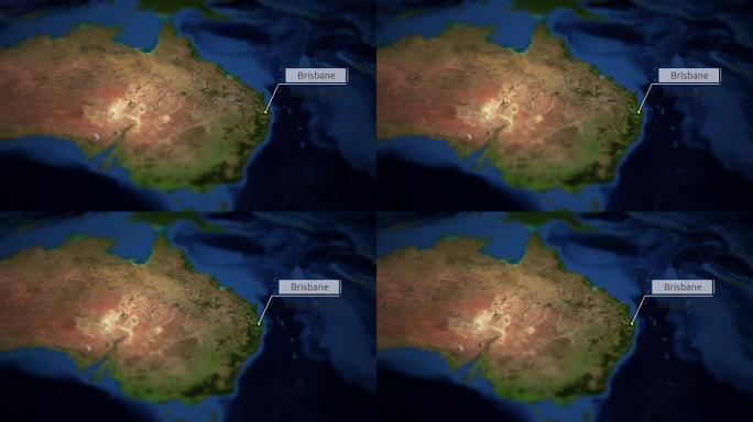 相机在带有指示器的澳大利亚地图上平移-布里斯班