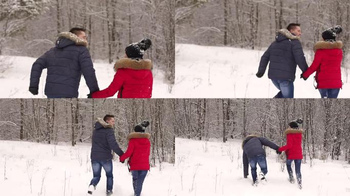 情侣在冬季公园散步，微笑着。