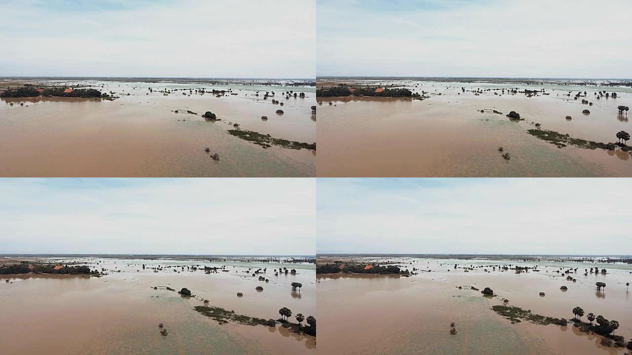 空中: 亚洲乡村被洪水淹没的农田的拍摄