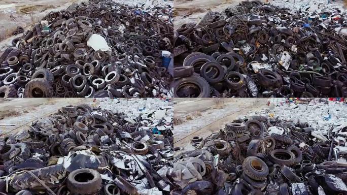 鸟瞰图旧橡胶，轮胎，在回收工厂