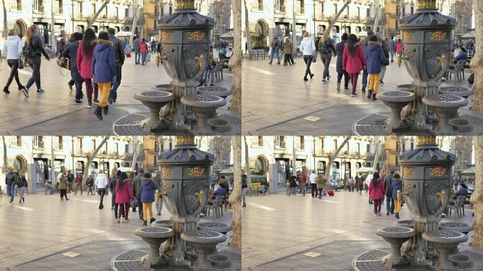 巴塞罗那著名旅游景点拉兰布拉大道的Canaletes喷泉
