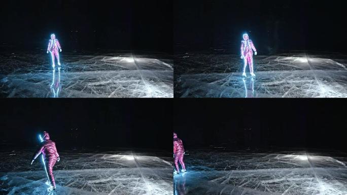 女人在滑冰之夜。女孩在大自然中骑花样冰鞋。女人一起骑在裂缝中的冰上。冰上的神奇天使。穿着溜冰鞋的人在