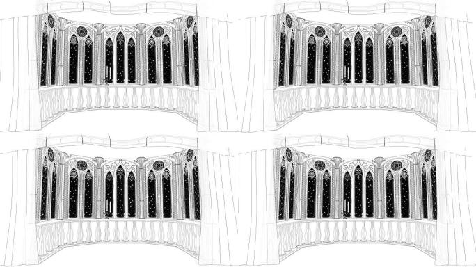 旧城堡中的哥特式阳台3d渲染循环动画背景