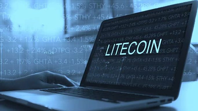 加密货币概念，股票市场股票代码在笔记本电脑上滚动-Litecoin