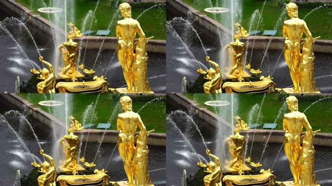 俯瞰俄罗斯圣彼得堡彼得霍夫大池塘和大海的雕像