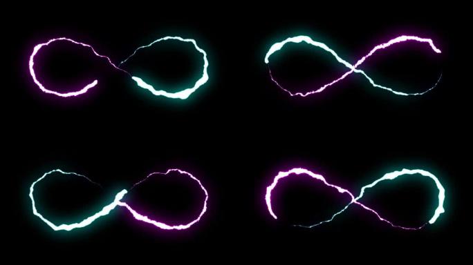 可循环紫色蓝色霓虹灯闪电无限符号形状飞行黑色背景动画新质量独特自然光效果视频素材