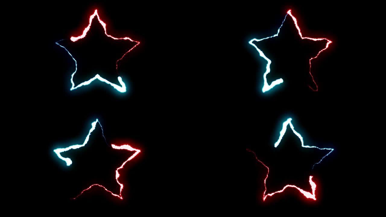 可循环的蓝色红色霓虹灯闪电星星符号形状飞行黑色背景动画新质量独特的自然光效果视频素材