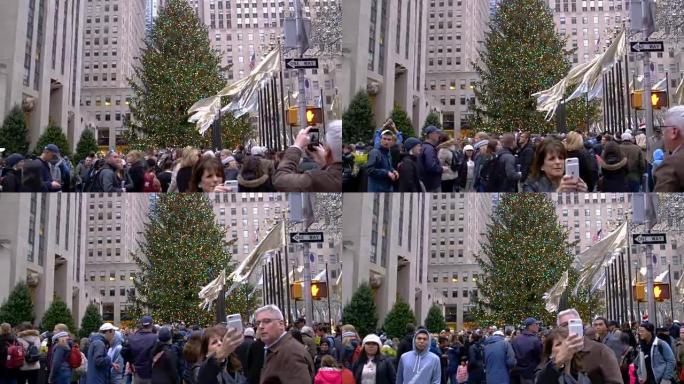 洛克菲勒中心的圣诞树与大批游客的视频
