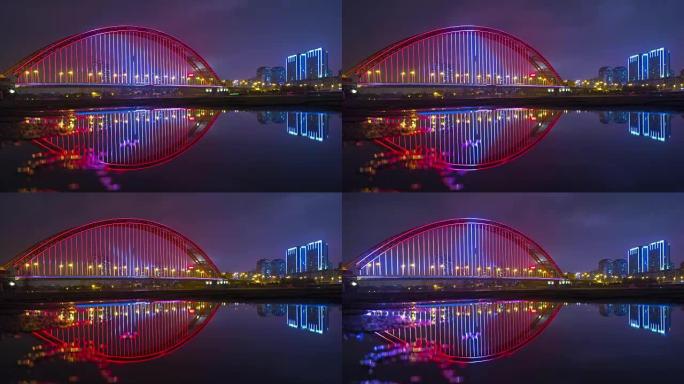 夜间照明武汉市著名的青川大桥河畔湾全景4k延时中国